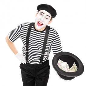 Mime artist collecting money in a hat